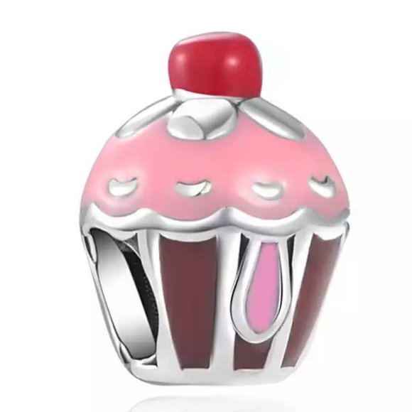 Pink Cupcake Frosting Charm 925 Silver with Enamel Detail - Picture 1 of 1
